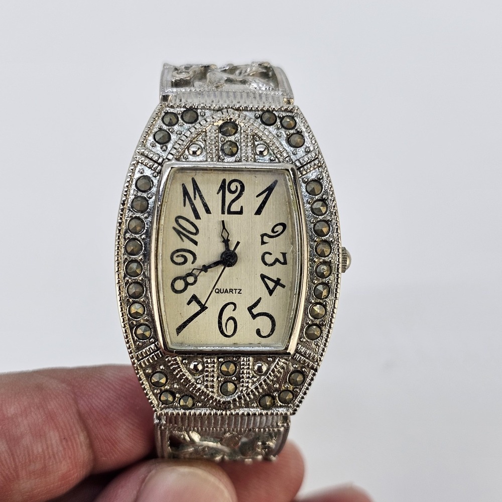 Women's Open Cuff Analog Watch 29MM Cream Dial Gray Flower Bands 5" NEW Battery